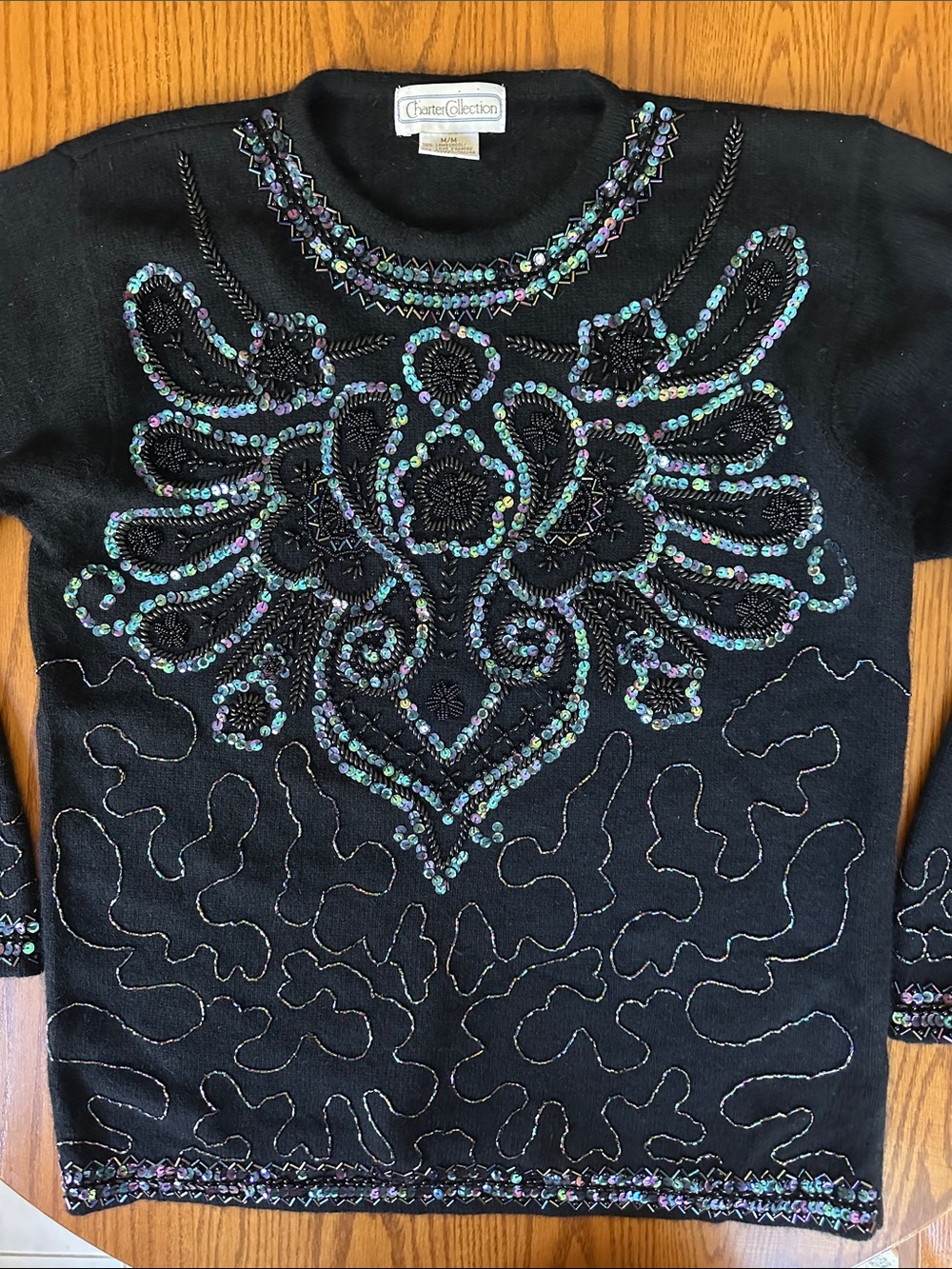 Black Embellished Crewneck Sweater with Iridescent Sequins